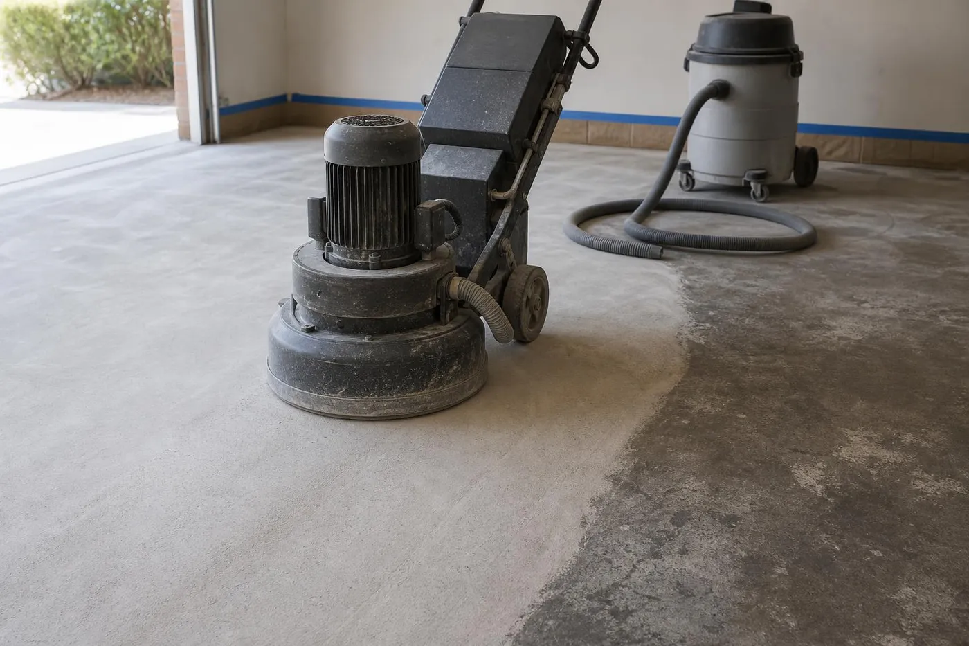 Industrial planetary diamond grinder prepping a bare concrete garage slab in Memphis TN