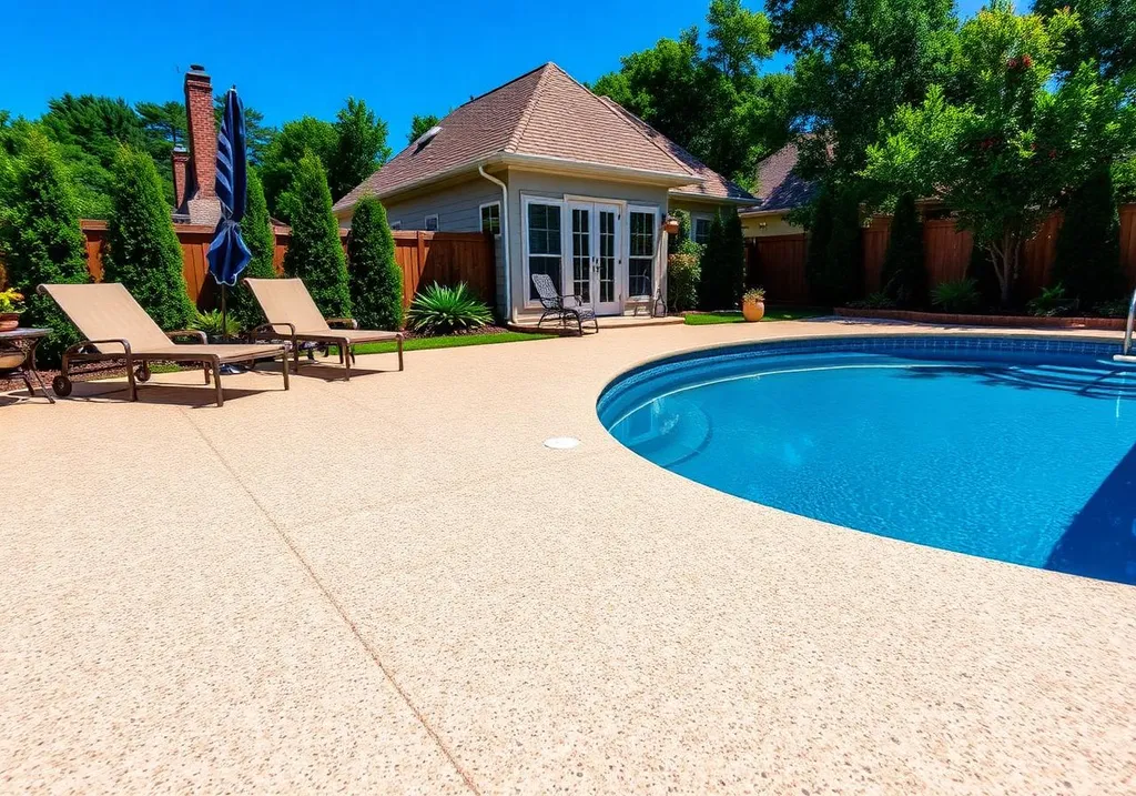 Flake pool deck coating with multi-color chip broadcast and polyaspartic topcoat