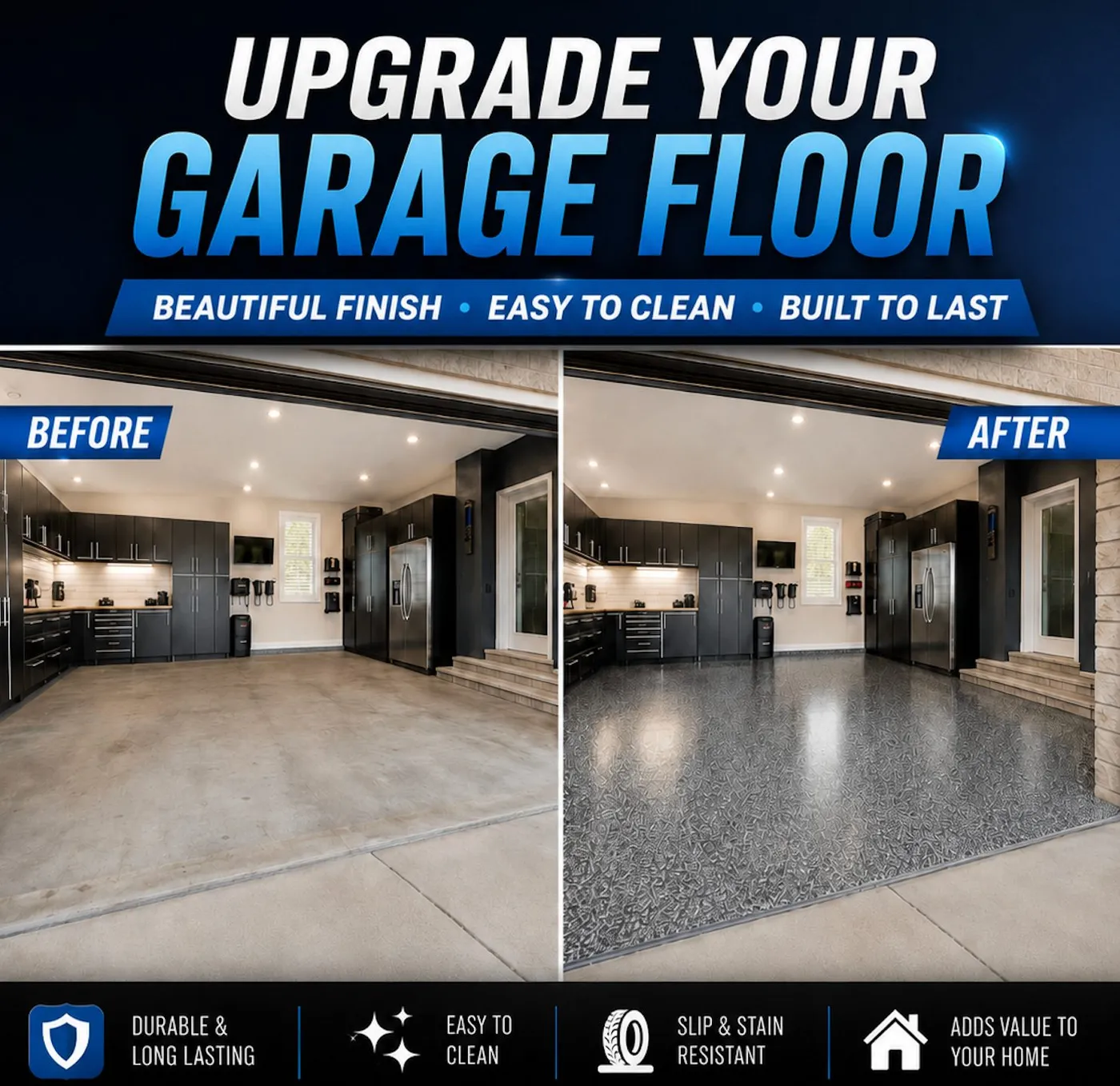 Before and after of a Memphis garage floor upgraded with epoxy