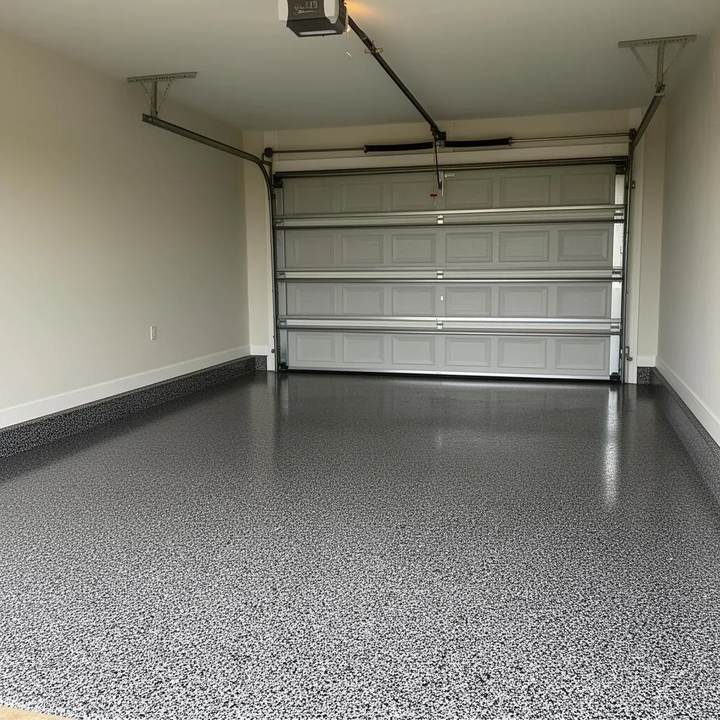 Finished gray flake epoxy in a one-car Memphis garage