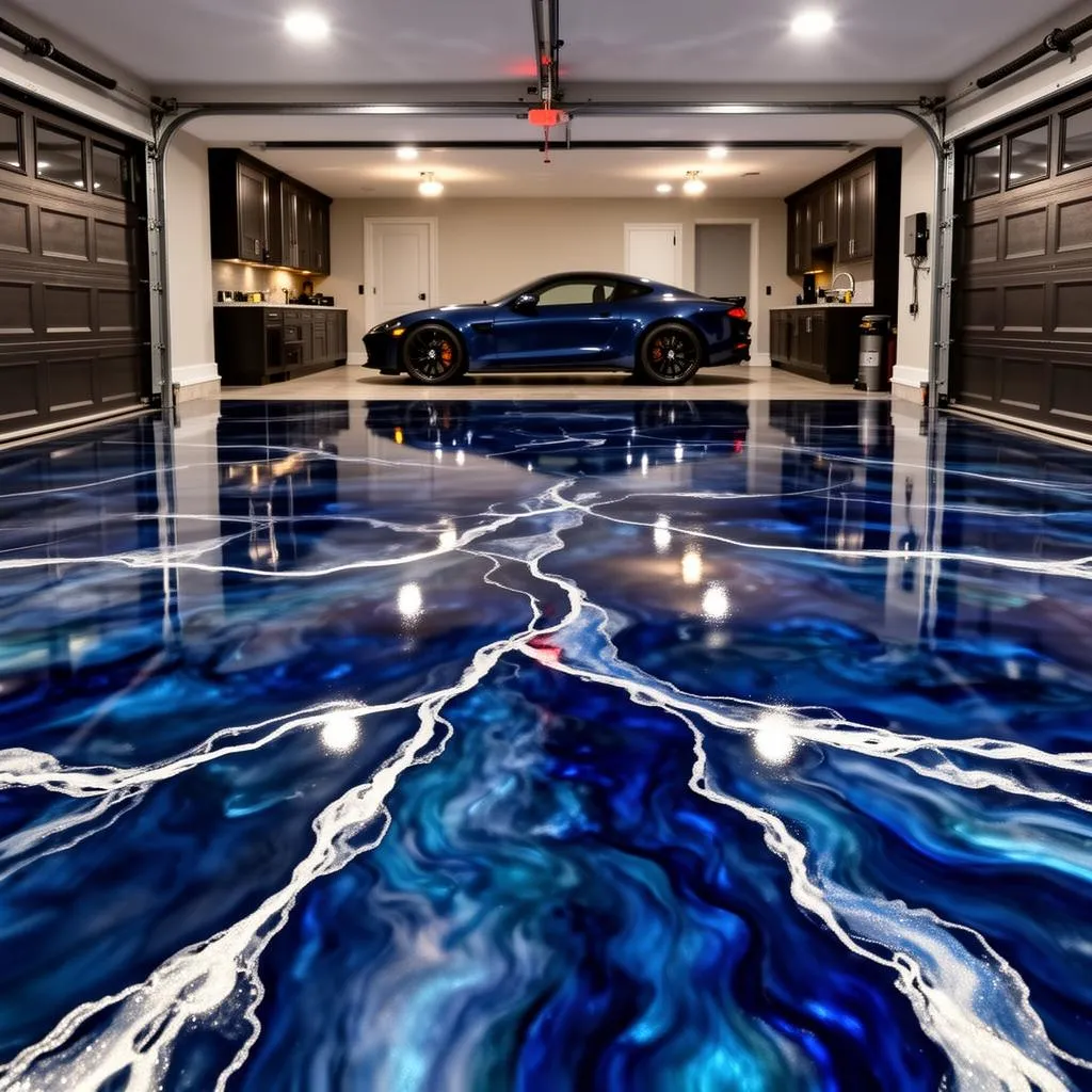 Sapphire blue metallic epoxy floor with pearl veins