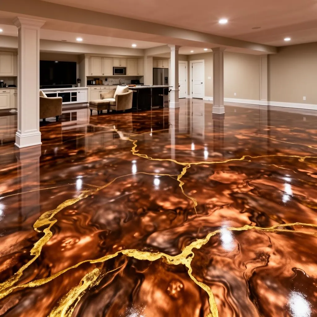 Copper and bronze metallic epoxy floor with gold veins