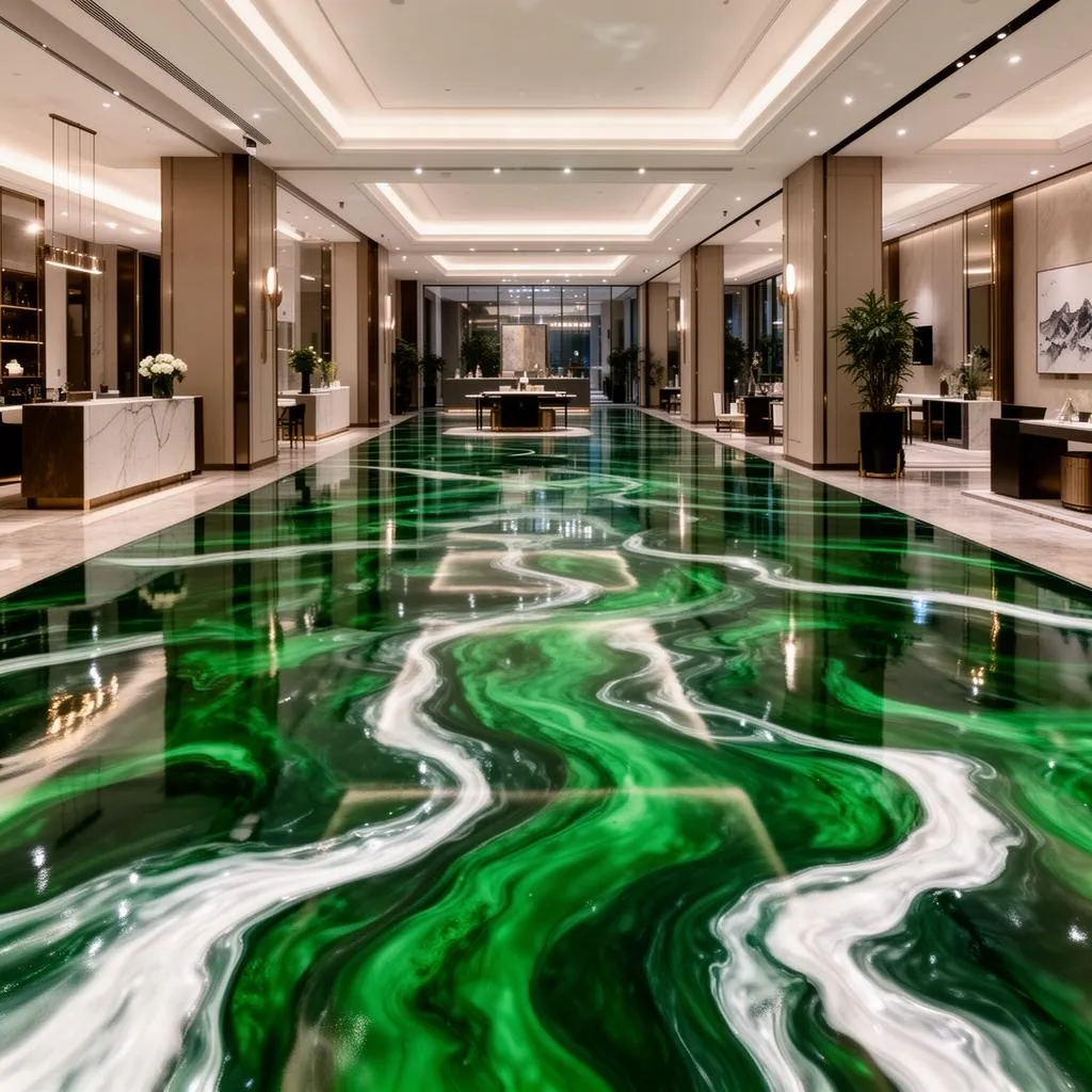 Emerald green metallic epoxy floor with white swirls
