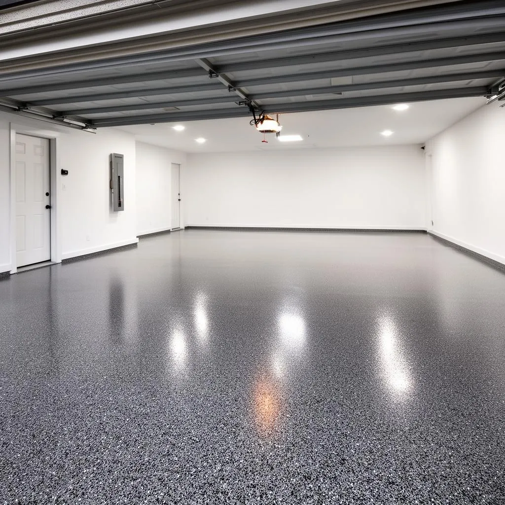 Polyaspartic garage floor with gray and black decorative flake blend