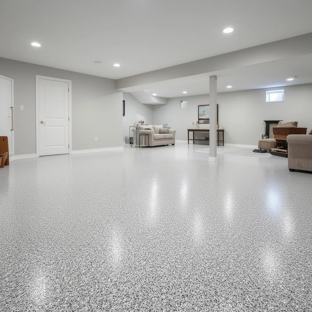 Finished basement with light gray polyaspartic flake floor