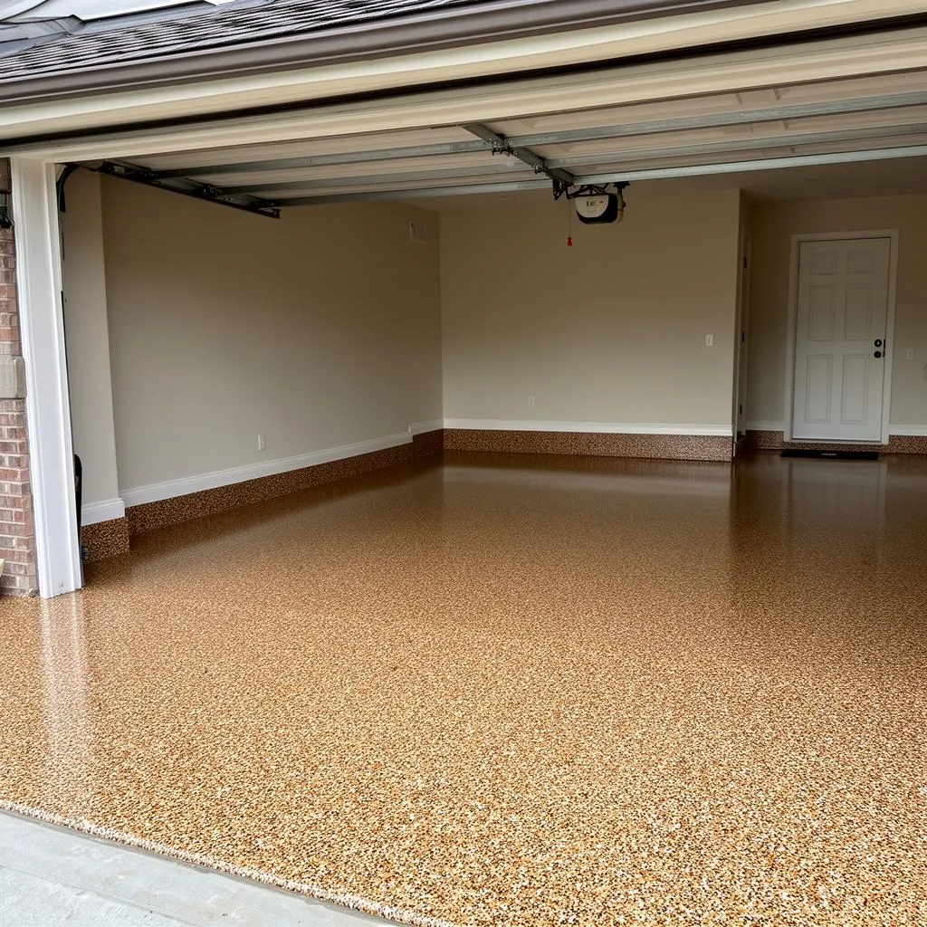 Polyaspartic garage floor with tan and brown flake blend